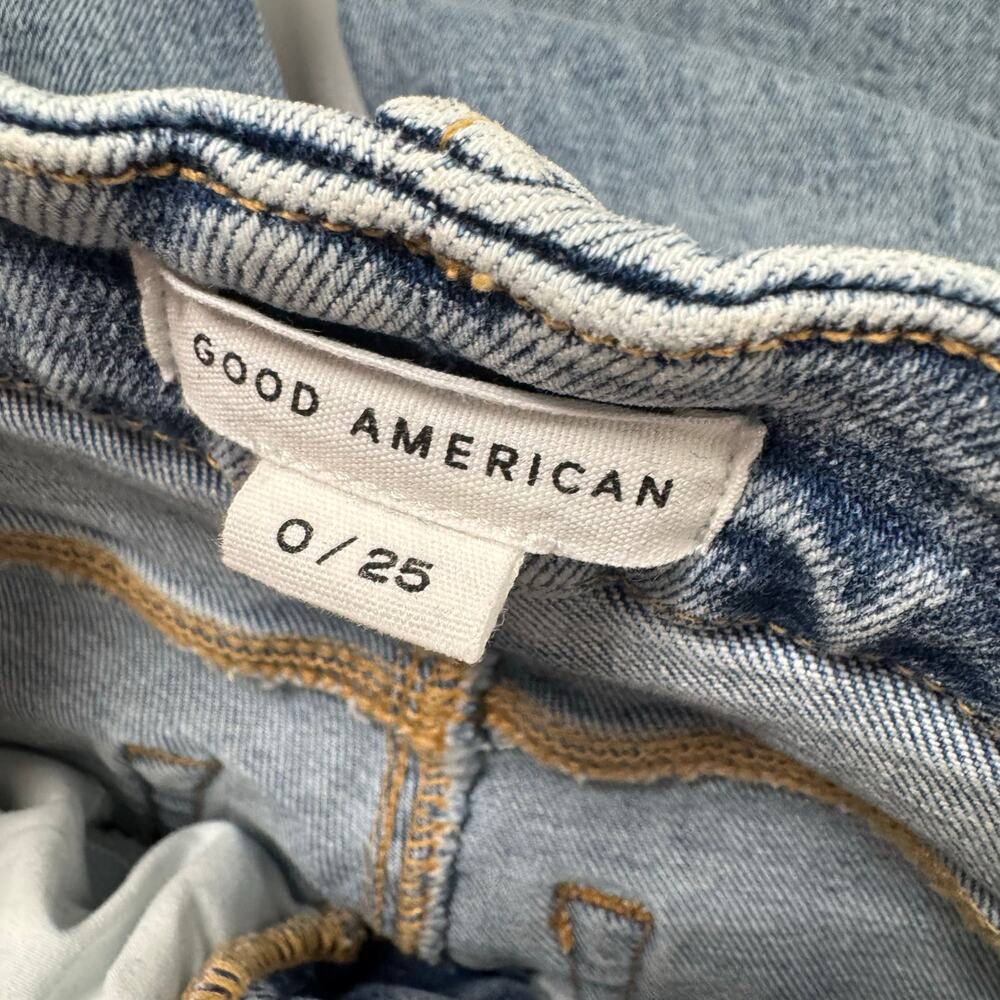 Good American Straight Leg Raw Hem Jeans Light Wash Indigo High Rise Womens Sz 0 - Picture 8 of 10